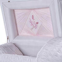 Cercueil métallique semi-couché blanc brillant - Broderie de roses roses et intérieur rose clair (pour adulte, vente en gros)