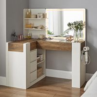 Bureau de toilette en L blanc avec plateau en verre, tiroir et miroir LED, station de charge intégrée et armoire de rangement pour la vente en gros