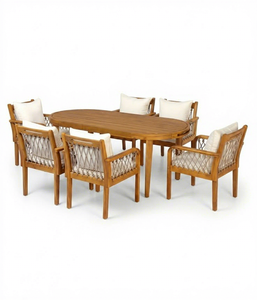 Modern Teak Outdoor <b>Garden</b> <b>Set</b> Waterproof Patio Dining Table and Chairs Rope Woven Cushion Villa Furniture - Product Image 3