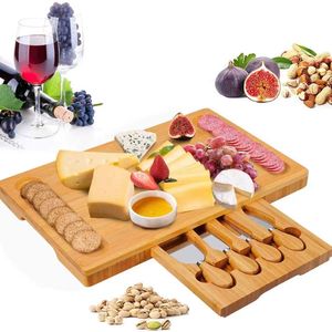 Bamboo <b>Cheese</b> Board <b>Set</b> With <b>Knives</b> Rectangular Wooden Serving Tray For Kitchen Party Snacks - Product Image 1