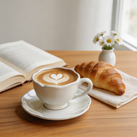Ensemble tasse à café et soucoupe en céramique à bord festonné, personnalisable avec marque privée, en porcelaine blanche vintage, pour latte, vente en gros pour cadeaux et hôtels