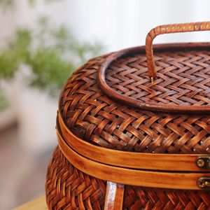Handmade <b>Bamboo</b> Woven Tea Storage Box Round 21cmx17cmx15cm Brass Clasp Kitchen Food <b>Container</b> - Product Image 2
