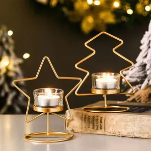 Xmas Gouden Ster Kerstboom Vormige Theelichtje Kandelaars Staan Kandelaars Lantaarn Eid Kerstversiering Ornamenten Cadeau