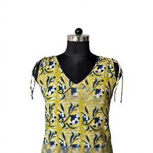 Fashionable <b>Bohemian</b> Cotton Square Collar Tank <b>Top</b> with Floral Printed Tie-Strap Shoulders - Product Image 1