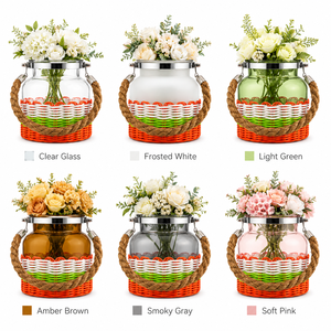 Vase à fleurs décoratif en verre transparent avec poignée en corde naturelle et base panier pour centre de table événementiel, vente au détail, cadeau, export - Product Image 3