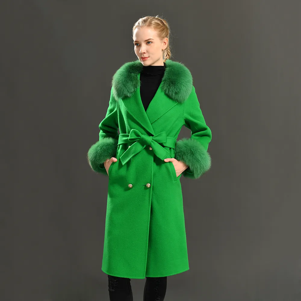 High - end Winter New Cashmere Double - sided Lady Overcoat With Fox Fur Collar Women Wool Coat