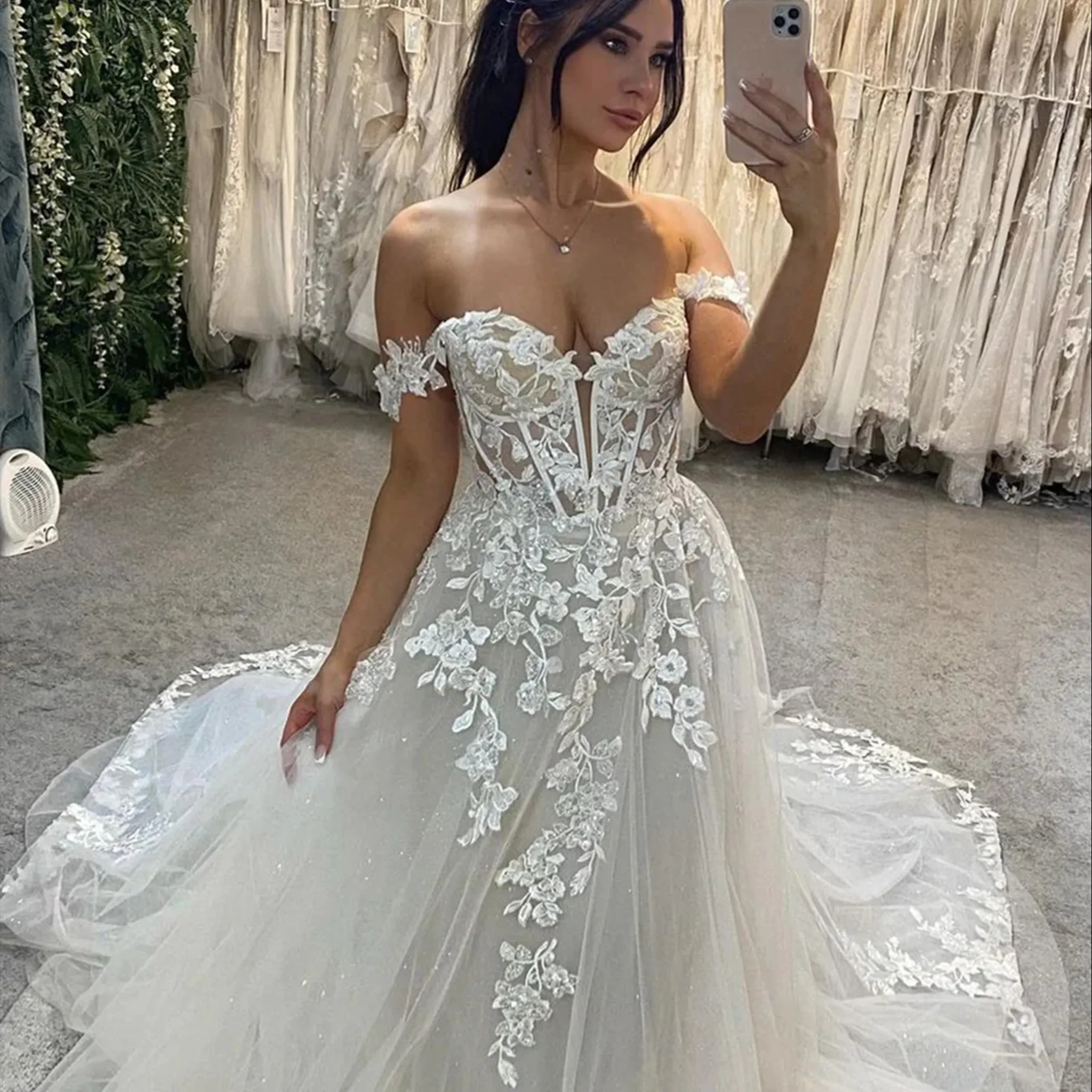 أنيقة قبالة الكتف الدانتيل Vestidos De Novia مطرز فساتين عادية رسمي بلينغ اللباس Abiti Da Sposa فساتين الزفاف