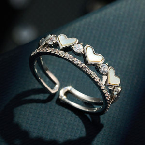 Heart Shaped Mother Of Pearl Open <b>Ring</b> Copper Alloy Micro Set Zircon Double Layer <b>Adjustable</b> Band Jewelry Gift - Product Image 1