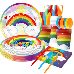 Rainbow Theme Party Supplies Einweg papier Geschirr Set Kinder geburtstag Valentinstag Tisch dekoration Banner Dinner - Product Image 1