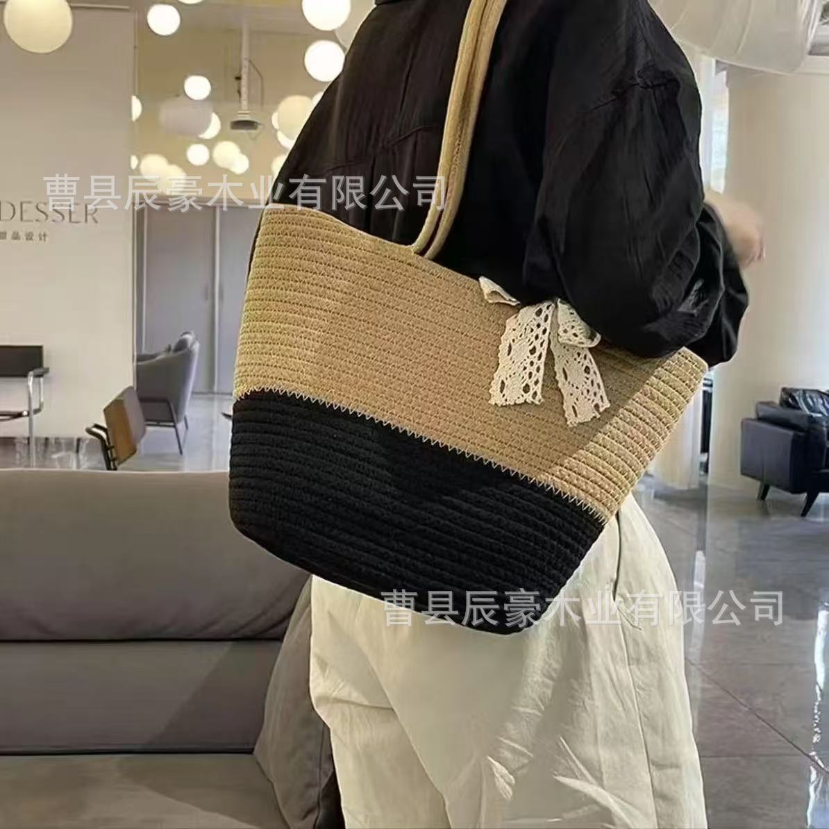 Tote shoulder bag, lace style - black and brown