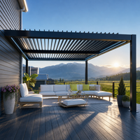 Cuisine extérieure moderne bioclimatique et écologique avec pergola à toit à lames motorisées en aluminium pour barbecue et repas en plein air