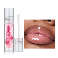 Huile à lèvres en verre avec logo personnalisé, pétales de rose séchés, gelée de fleurs de rose, huile de jojoba, acide hyaluronique, baume repulpant transparent pour les lèvres