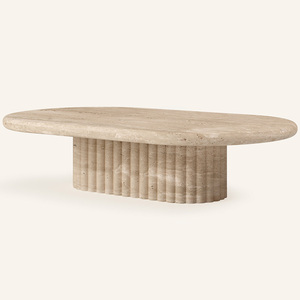 Tavolino da Caffè Ovale in Marmo Travertino Beige con Gambe Romane, Design Moderno e Semplice Personalizzato KUMUSI, Arredamento per Soggiorno - Product Image 3
