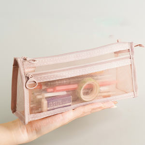 जिपर पाउच स्कूल छात्र त्रिकोण पेन के साथ डबल जेब स्पष्ट नायलॉन पेंसिल मामला - Product Image 1