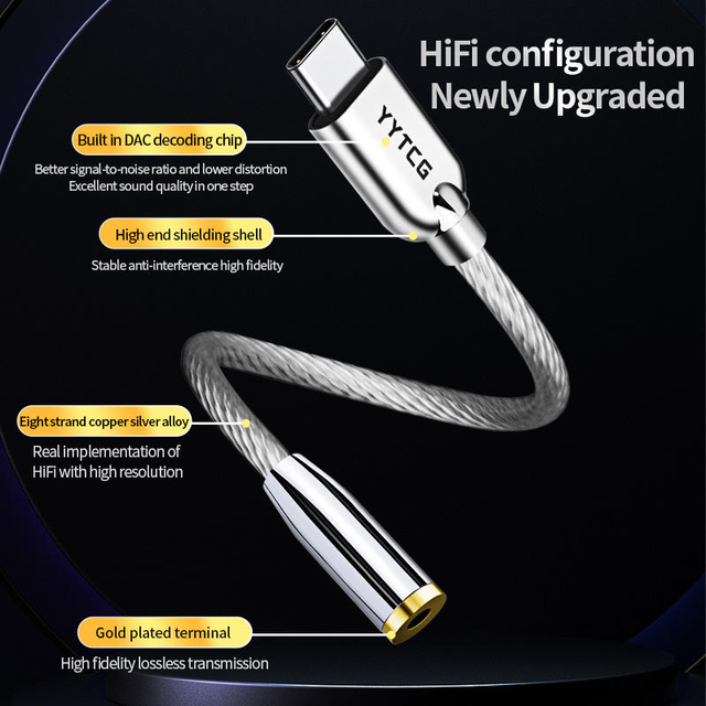 HiFi Type C to 3.5mm Female Headphone Adapter Built in DAC Decoding Chip Braided USB C Audio Jack Converter for Tablet Laptop