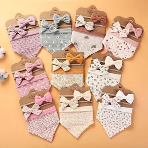 3 Cái/bộ Muslin Bông Bé Trung Lập Yếm Có Dây Đeo Bow Headband Có Thể Điều Chỉnh Nút Tam Giác Nước Bọt Khăn Cho Trẻ Sơ Sinh Cậu Bé Cô Gái <span class=keywords><strong>Feeding</strong></span> Burp Vải - Product Image 1