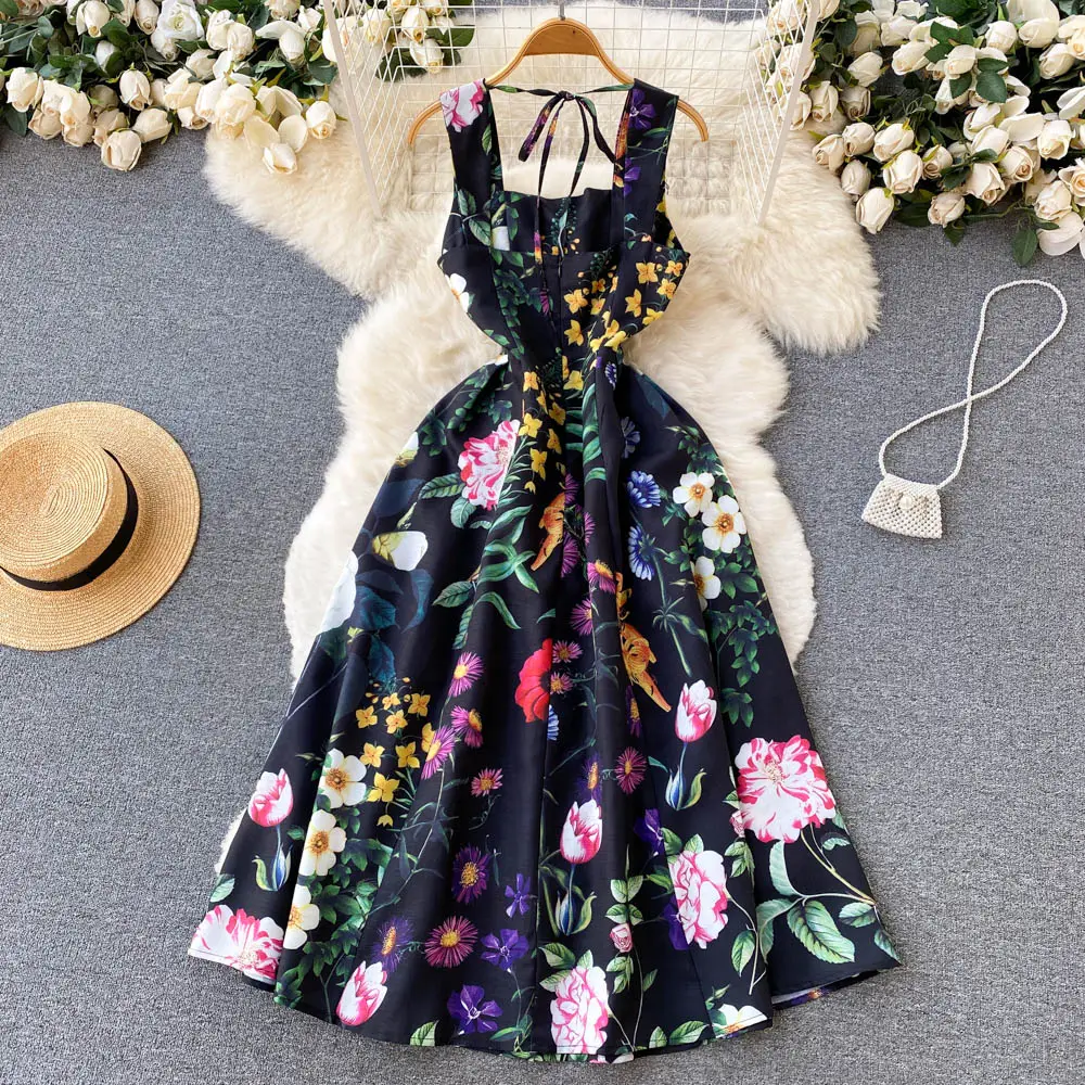 LE1595 Bohemian Summer Women Dress Fashion Spaghetti Strap Colorful Flower Print Black Long Party Midi Casual Dress