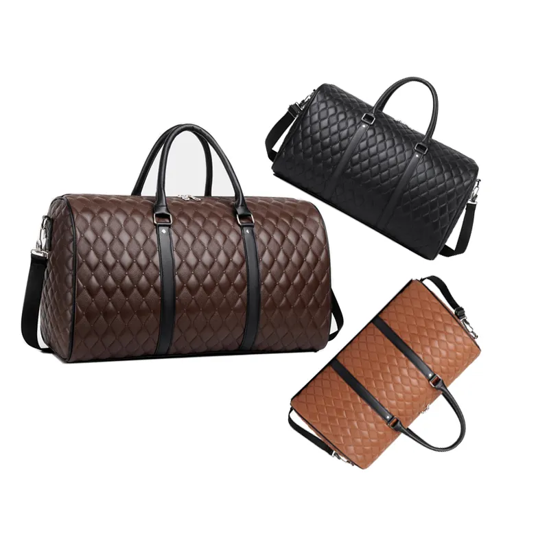 2023 New Arrival Waterproof Lattice Plaid Pu Leather Weekend Over Night Duffel Bag Travel Sports Gym Bags For men Women