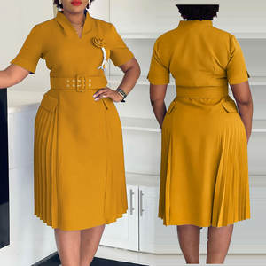 <span class=keywords><strong>ATR</strong></span>-584 vente en gros grande taille taille Empire solide bureau femmes a-ligne robe mi-longue écologique plissé épissé ceinture printemps automne - Product Image 2