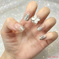 Faux Ongles Courts Carrés à Pression en ABS, Personnalisés, Effet Papillon 3D, Paillettes Argentées, Réutilisables, Vente en Gros, OEM, ODM, Marque Privée