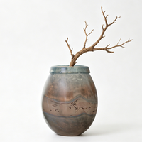 Grand vase en verre soufflé à la main, gris brun ombré avec des fils de peinture noire, vase à fleurs pour la décoration du salon