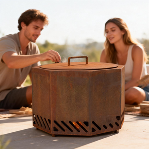 Foyer extérieur en fer rustique octogonal durable avec couvercle de protection et ventilation - Product Image 1