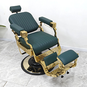 Sillón de Barbería Hidráulico Vintage, Ajustable, para Corte de Cabello, Tapizado en Verde, Reclinable, con Reposapiés - Product Image 4