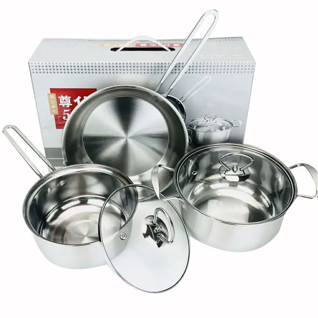 Hot sale cooking pot set non stick 3 Pcs Set Stainless Steel Cooking Pots 24 cm Frying pan Cooking pot set with color box