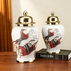 Jars à gingembre en céramique de style romain avec impression de cheval au galop blanc, couvercle en or luxueux pour la décoration moderne du salon - Product Image 2