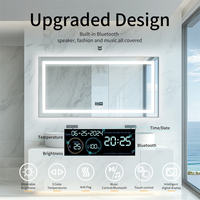 Espejo de baño inteligente con doble lavabo, montado en la pared, con altavoz Bluetooth, antivaho, con indicador de hora y temperatura para hotel.