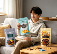 Sachets refermables personnalisés imprimés, recyclables, anti-odeur, à fond plat pour aliments pour animaux, sushis, noix et snacks - Emballage Mylar PE