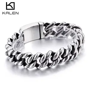 KALEN-pulsera de plata pesada de acero inoxidable 316L para hombre, brazalete de cadena único para motorista, joyería