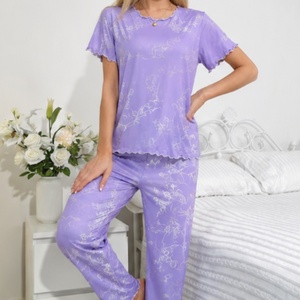 Pyjamas en viscose de bambou pour femme, ensembles de vêtements de détente tricotés, fabricant ODM, impression personnalisée, respirant, grandes tailles, vêtements de nuit pour femmes - Product Image 2