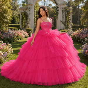 ชุดเดรสชีฟองสีชมพูฟูเชียสุดหรู Dy1175 สำหรับงาน Quinceanera ประดับเลื่อมระยิบระยับที่ตัวเสื้อ สายเดี่ยวบางเบา แต่งระบายเป็นชั้นๆ ทรงบอลกาวน์ สำหรับงานฉลองอายุ 15 ปี หรืองานพรอม - Product Image 1