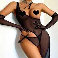 Gaun Dalam Wanita Seksi Model One Shoulder Berbahan Mesh Panjang dengan Thong, Sarung Tangan, dan Aksen Hollow Out, Lingerie Seksi, Private Label OEM Grosir Terbaru