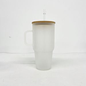Gobelet isotherme personnalisé de 40 oz, transparent givré, vierge, sublimable, en verre, avec couvercle en bambou - Product Image 4