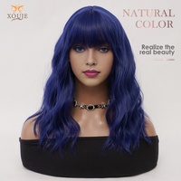 Wig sintetis gelombang pendek biru, poni, garis rambut alami, serat tahan panas transparan, kepadatan 150%, topi jaring kancing.