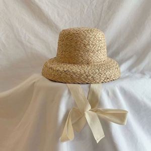 Chapeau de pêcheur en paille de raphia pour enfants, style rustique mignon, avec lacets, protection solaire - Product Image 2