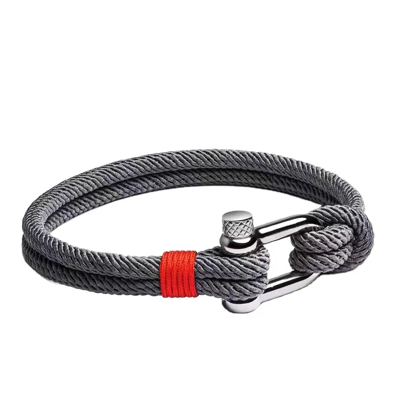 Bracciale con fibbia a forma di U in acciaio inossidabile con bordo incrociato, braccialetto di corda milano intrecciata a mano, braccialetto da surf da spiaggia