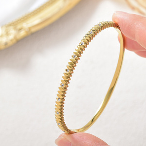 luminous embedded zircon 18k gold bulk wholesale sleek leaf texture anti-fade timeless feminine elegant <b>bangle</b> <b>bracelet</b> - Product Image 2