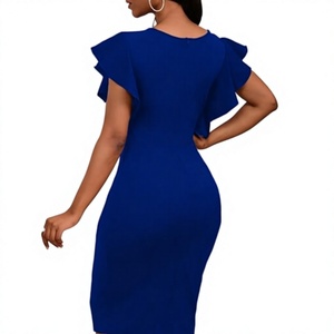 Vestido ajustado azul real con volantes en las mangas para mujer, largo hasta la rodilla, cuello redondo, elegante, estilo fiesta, color sólido, informal - Product Image 4