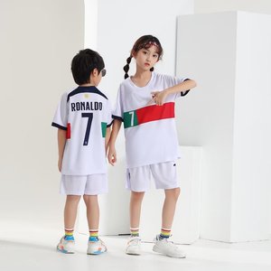 22-23 Portugal Away White No.7 <strong>Ronaldo</strong> Summer Football Uniform Set Children's Digital Print Jersey Shorts 100% Automated Cutting - Product Image 6