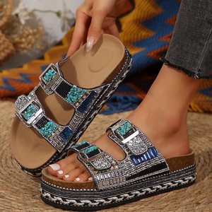 Sandales <span class=keywords><strong>Birkenstock</strong></span> décontractées d'été pour femmes, style rétro, à semelle épaisse, double boucle, strass et liège, élégantes - Product Image 5