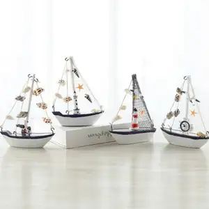 Mediterranean Style Shell Crack Small Boat Decoration Wooden Sailboat Model Small Decoration Children's Creative Craft Boat