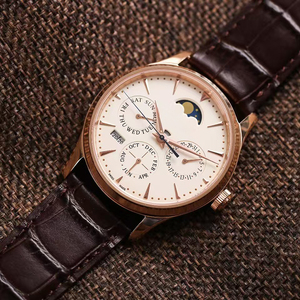 Ultra Luxury Prestige Ultra Slim Celestial Perpetual Calendar Moon Phase <b>Rose</b> Gold PVD Steel Case Leather Executive Men Watch - Product Image 1