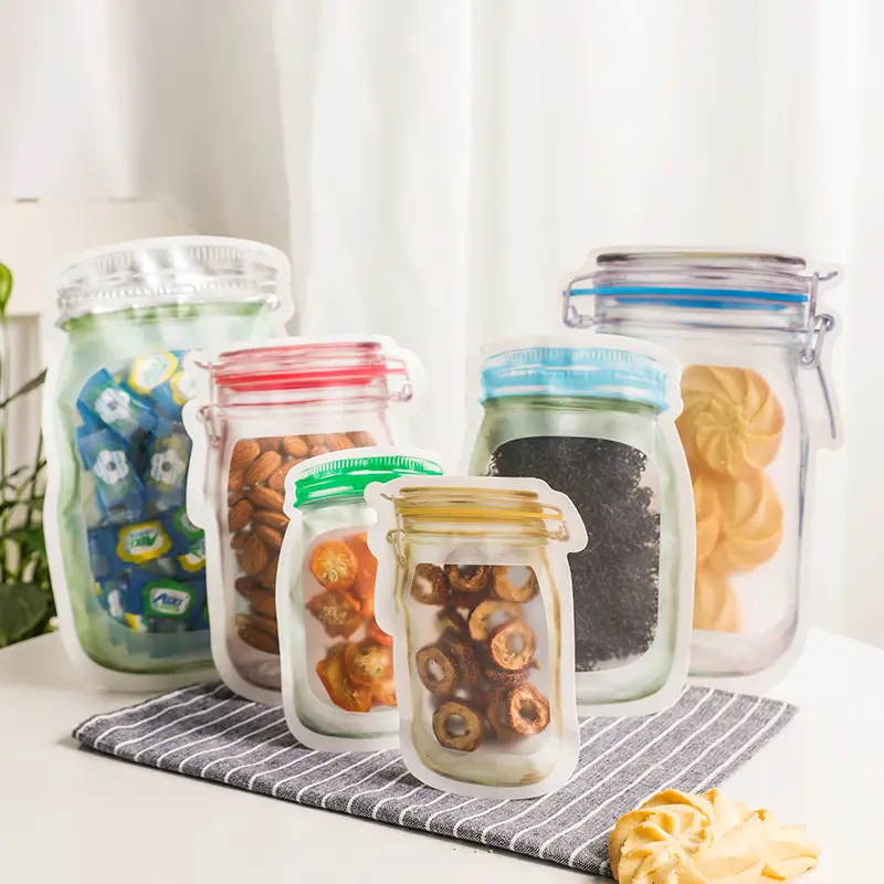 Resealable Bottle Shape Mason Jar Plastic Packaging Zipper Standing Food Saver Storage Bags For Juice Beverage Dried Fruit Nut