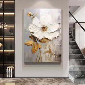 Grande Décoration Murale Toile Peinte à la Main Feuille d'Or 3D Fleurs Peinture <span class=keywords><strong>Art</strong></span> Abstrait Lourd Texturé - Product Image 3