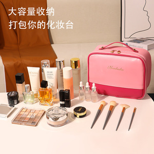 Bolsa de maquillaje para mujer de gran capacidad con divisiones, estuche de almacenamiento de viaje impermeable para cosméticos, mango suave, 26x10x20cm - Product Image 3