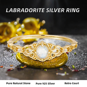Bague Dunli en argent S925 pour femme, style rétro, creuse, personnalisée, à la mode, avec labradorite naturelle, électroplaquée - Product Image 2