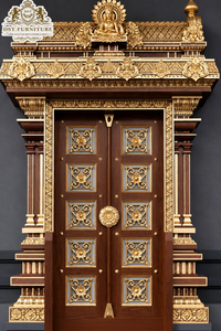 Custom Made Traditional Devghar Door with Heavy Peacock Carving South Indian Style Wooden Pooja Room Door with <b>Elephant</b> Pillars - Product Image 4
